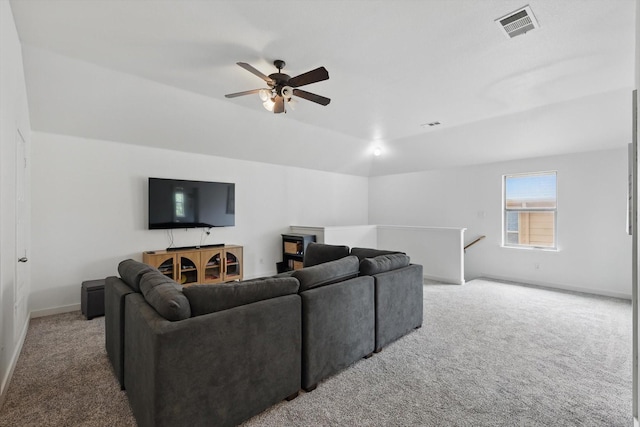 3964 Hunter Peak Rd, Fort Worth, TX 76262 - carpeted living room featuring a ceiling fan, baseboards, and vaulted ceiling