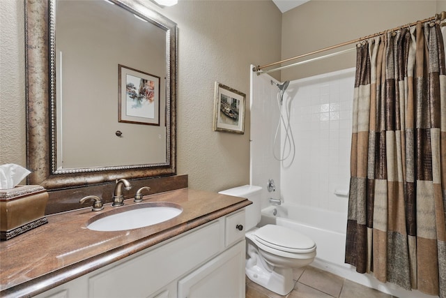110 Lakeshore Dr, Trophy Club, TX 76262 - full bath featuring a textured wall, toilet, vanity, shower / bath combination with curtain, and tile patterned flooring