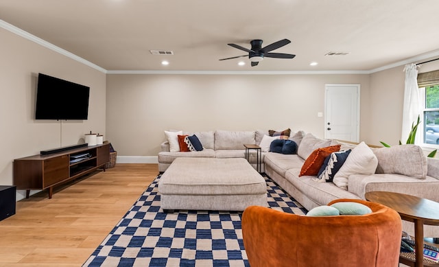 3455 Timberview Rd, Dallas, TX 75229 - living area with recessed lighting, light wood finished floors, crown molding, ceiling fan, and baseboards