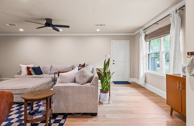 3455 Timberview Rd, Dallas, TX 75229 - living area featuring crown molding, light wood-style flooring, baseboards, a ceiling fan, and recessed lighting
