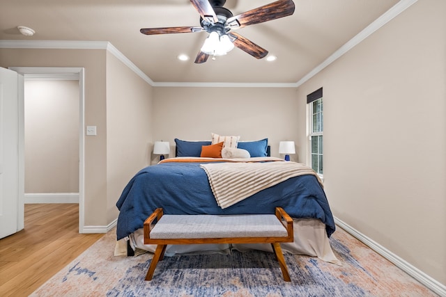 3455 Timberview Rd, Dallas, TX 75229 - bedroom featuring wood finished floors, recessed lighting, baseboards, a ceiling fan, and ornamental molding