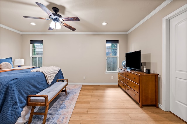 3455 Timberview Rd, Dallas, TX 75229 - bedroom with light wood-type flooring, multiple windows, recessed lighting, crown molding, and baseboards