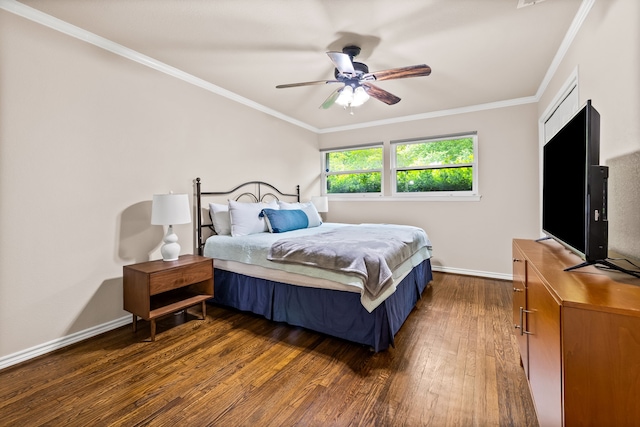3455 Timberview Rd, Dallas, TX 75229 - bedroom featuring dark wood-type flooring, baseboards, ornamental molding, and ceiling fan