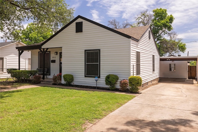 3410 Ellis Ave, Fort Worth, TX 76106 - view of front of house with driveway, a shingled roof, covered porch, a front lawn, and crawl space