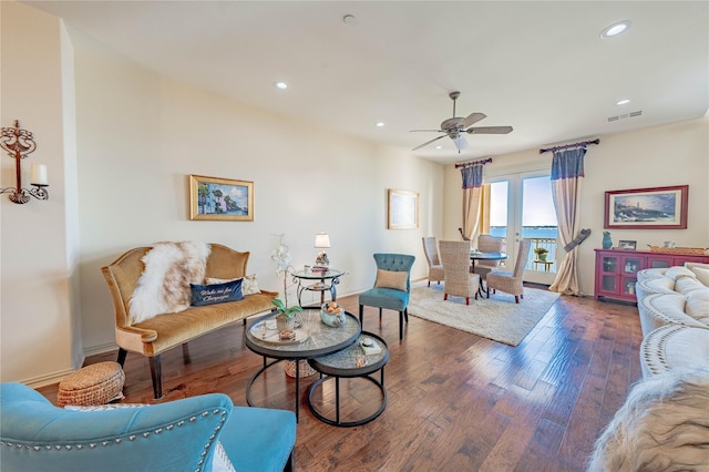 2132 Portofino Dr, Rockwall, TX 75032 - living area featuring recessed lighting, ceiling fan, baseboards, wood finished floors, and french doors