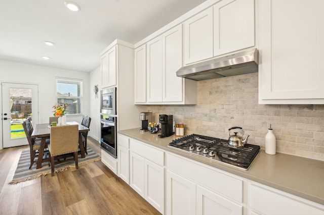 1213 Palmetto Dr, Forney, TX 75126 - kitchen with under cabinet range hood, appliances with stainless steel finishes, light wood-style flooring, tasteful backsplash, and white cabinetry