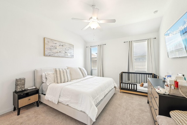 1213 Palmetto Dr, Forney, TX 75126 - bedroom with light carpet, a ceiling fan, and vaulted ceiling