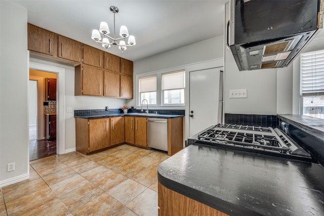 1833 Mcmillan Ave, Dallas, TX 75206 - kitchen with dishwasher, a chandelier, brown cabinetry, and healthy amount of natural light