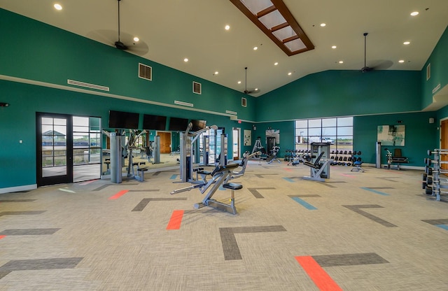 2113 Brenham Dr, Forney, TX 75126 - exercise room featuring ceiling fan, high vaulted ceiling, healthy amount of natural light, recessed lighting, and carpet floors