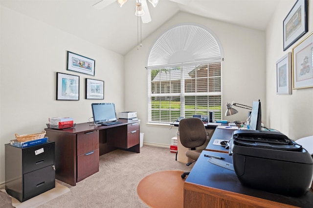 908 Bridges Dr, Arlington, TX 76012 - home office featuring light colored carpet, ceiling fan, vaulted ceiling, and baseboards