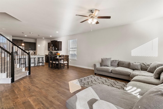 2013 Elara Dr, Haslet, TX 76052 - living room featuring dark wood-style floors, stairs, a ceiling fan, baseboards, and recessed lighting