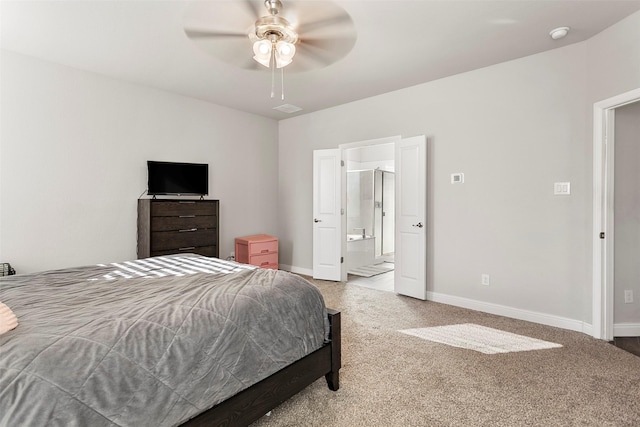 2013 Elara Dr, Haslet, TX 76052 - bedroom featuring light colored carpet, baseboards, ceiling fan, and ensuite bath