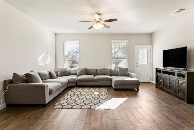 2013 Elara Dr, Haslet, TX 76052 - living area with ceiling fan, dark wood-style flooring, and baseboards
