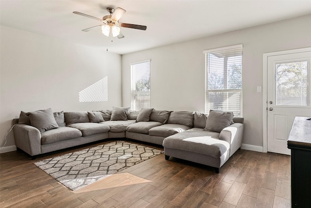 2013 Elara Dr, Haslet, TX 76052 - living room featuring dark wood-style floors, ceiling fan, and baseboards