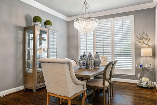 913 Bristlewood Dr, Mckinney, TX 75072 - dining room featuring a chandelier, ornamental molding, dark wood-style floors, and baseboards