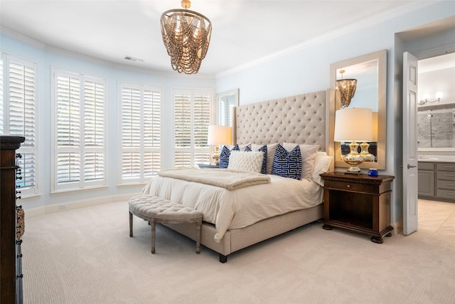 913 Bristlewood Dr, Mckinney, TX 75072 - carpeted bedroom with ornamental molding, a chandelier, and ensuite bathroom