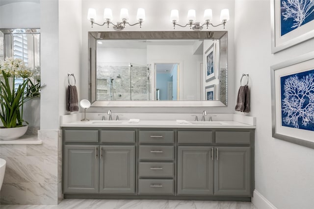 913 Bristlewood Dr, Mckinney, TX 75072 - bathroom featuring a shower stall, double vanity, and a freestanding tub