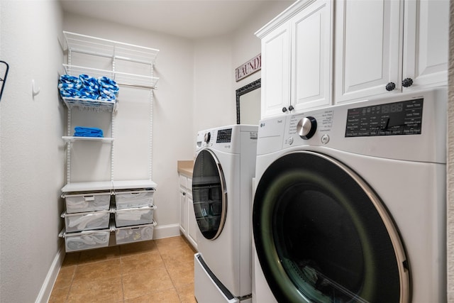 913 Bristlewood Dr, Mckinney, TX 75072 - laundry area with independent washer and dryer, cabinet space, baseboards, and light tile patterned floors