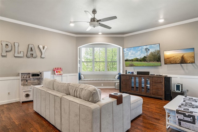 913 Bristlewood Dr, Mckinney, TX 75072 - living room with a ceiling fan, crown molding, and dark wood finished floors
