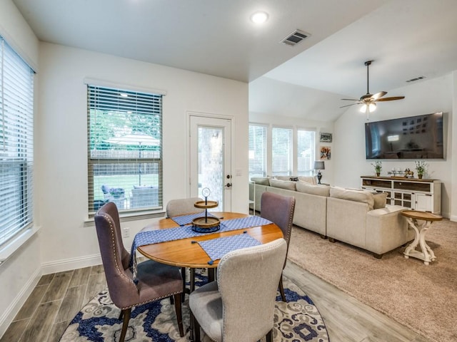 5216 Troupe Rd, Mckinney, TX 75071 - dining area with wood finished floors, ceiling fan, baseboards, and vaulted ceiling