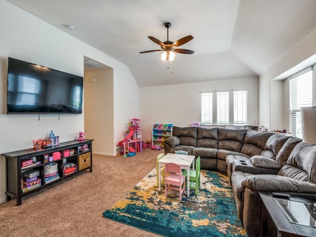 5216 Troupe Rd, Mckinney, TX 75071 - living area featuring ceiling fan, carpet flooring, and vaulted ceiling