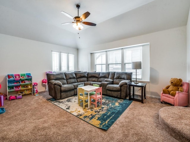 5216 Troupe Rd, Mckinney, TX 75071 - living room with carpet flooring, ceiling fan, and vaulted ceiling