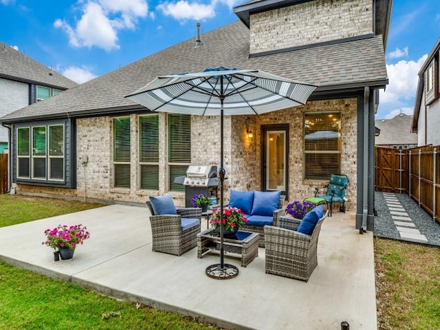 5216 Troupe Rd, Mckinney, TX 75071 - fenced backyard featuring a patio, an outdoor living space, and grilling area