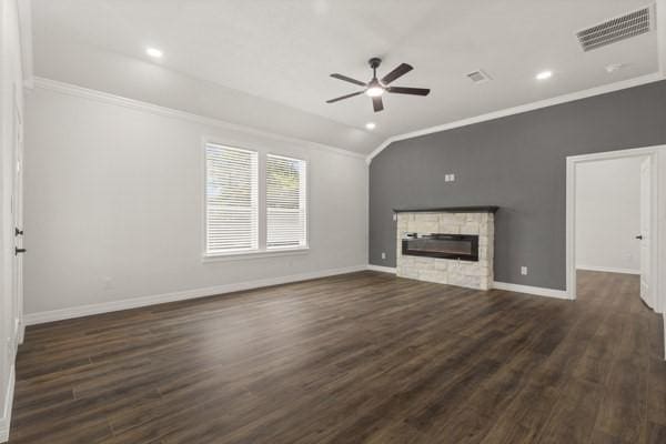 304 Pearl Harbor St, Tool, TX 75143 - unfurnished living room with ornamental molding, ceiling fan, baseboards, a fireplace, and dark wood-type flooring