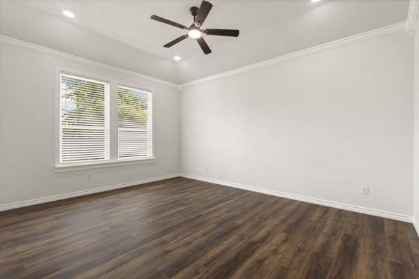 304 Pearl Harbor St, Tool, TX 75143 - spare room featuring crown molding, dark wood finished floors, baseboards, a ceiling fan, and recessed lighting