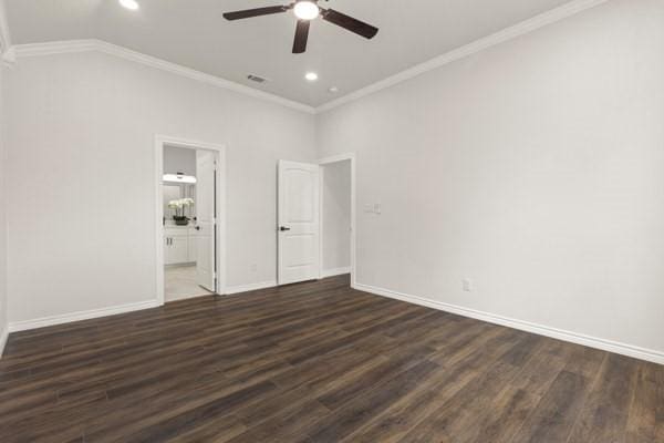 304 Pearl Harbor St, Tool, TX 75143 - unfurnished bedroom with wood finished floors, baseboards, ornamental molding, ceiling fan, and lofted ceiling