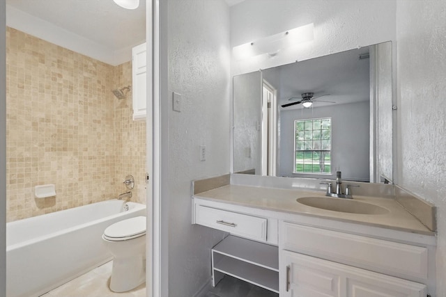 1713 Arvada Dr, Richardson, TX 75081 - full bathroom with a textured wall, toilet, vanity,  shower combination, and a ceiling fan