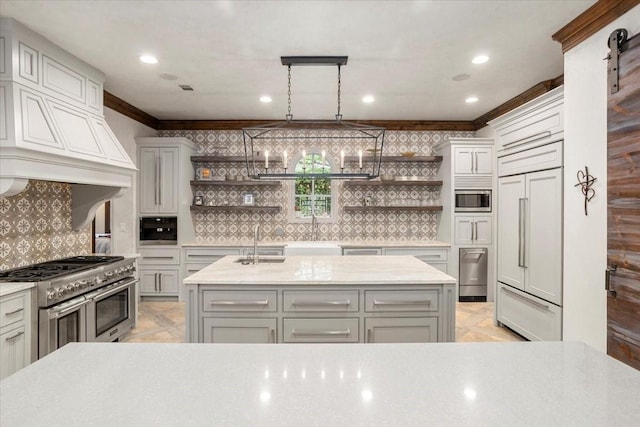 5909 Kittansett Ct, Fort Worth, TX 76132 - kitchen with open shelves, built in appliances, a sink, crown molding, and tasteful backsplash