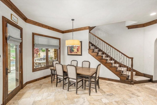 5909 Kittansett Ct, Fort Worth, TX 76132 - dining room with baseboards, crown molding, stone tile floors, stairway, and a chandelier
