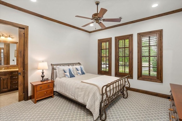 5909 Kittansett Ct, Fort Worth, TX 76132 - bedroom with light carpet, baseboards, ornamental molding, ensuite bathroom, and recessed lighting