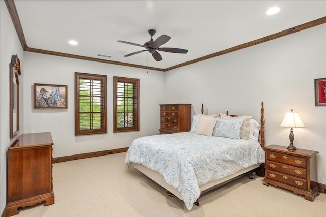5909 Kittansett Ct, Fort Worth, TX 76132 - bedroom featuring baseboards, carpet, ornamental molding, recessed lighting, and ceiling fan