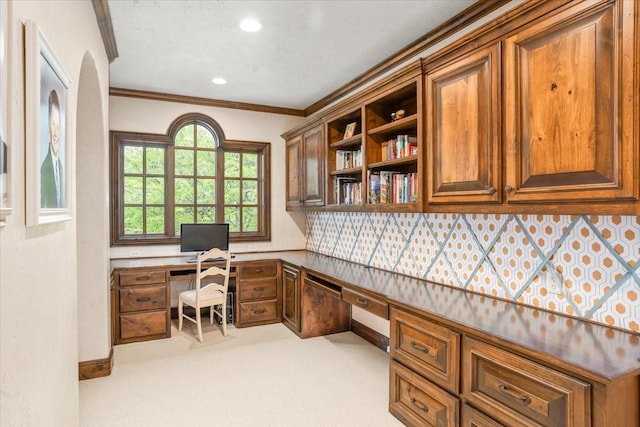 5909 Kittansett Ct, Fort Worth, TX 76132 - carpeted office space featuring built in desk, ornamental molding, recessed lighting, and baseboards