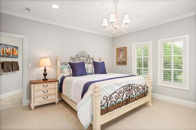 5909 Kittansett Ct, Fort Worth, TX 76132 - bedroom with light carpet, a chandelier, ornamental molding, and baseboards