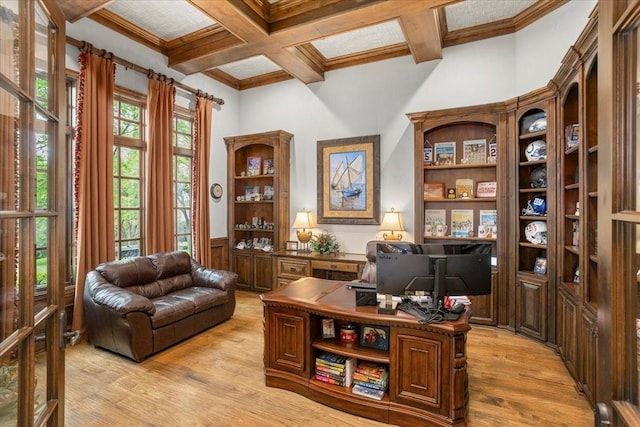 5909 Kittansett Ct, Fort Worth, TX 76132 - office area with beam ceiling, coffered ceiling, light wood-style flooring, a wainscoted wall, and ornamental molding