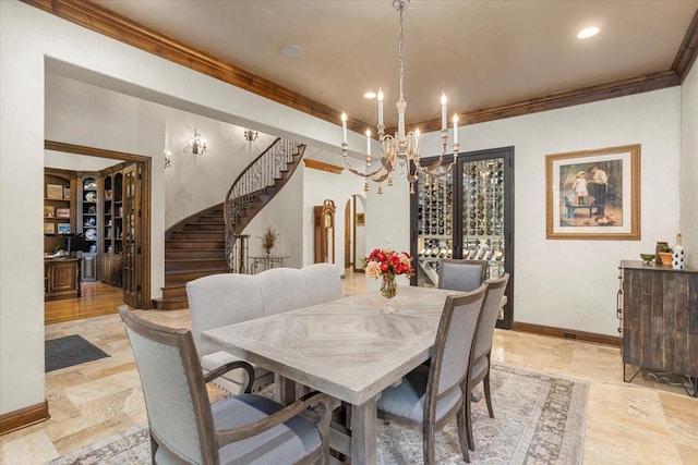 5909 Kittansett Ct, Fort Worth, TX 76132 - dining room with a chandelier, crown molding, stairs, arched walkways, and baseboards