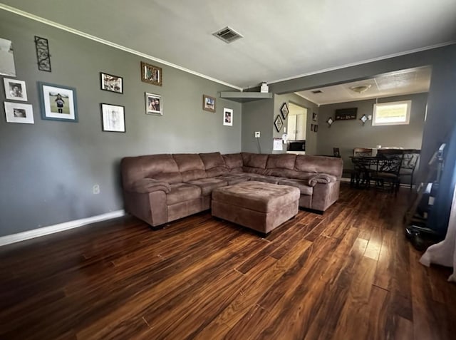 2616 Bardot Ln, Bossier City, LA 71111 - living room with dark wood-style floors, ornamental molding, and baseboards