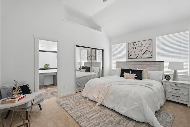 645 Spring Valley Rd, Allen, TX 75002 - bedroom featuring light colored carpet, high vaulted ceiling, and ensuite bathroom