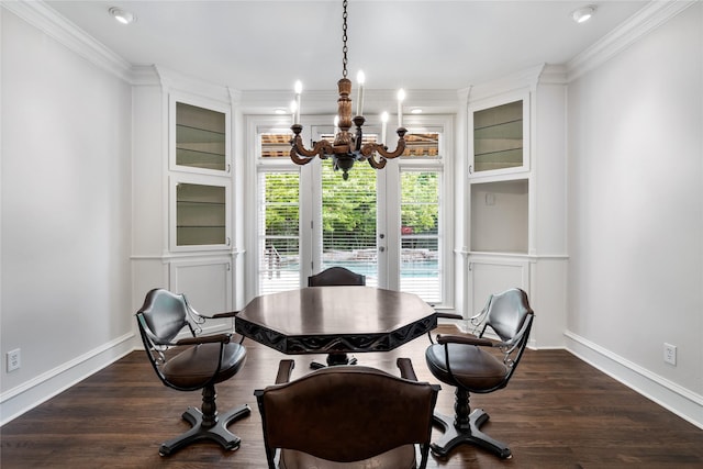 8722 Arbor Park Ct, Dallas, TX 75243 - dining space with a chandelier, crown molding, baseboards, dark wood-type flooring, and recessed lighting