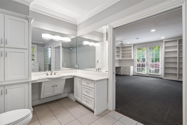 8722 Arbor Park Ct, Dallas, TX 75243 - full bathroom featuring crown molding, vanity, recessed lighting, a ceiling fan, and tile patterned flooring