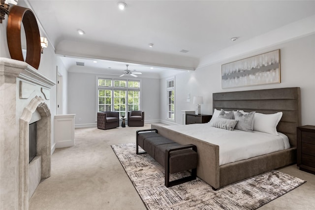 8722 Arbor Park Ct, Dallas, TX 75243 - bedroom featuring light carpet, a premium fireplace, recessed lighting, beamed ceiling, and baseboards