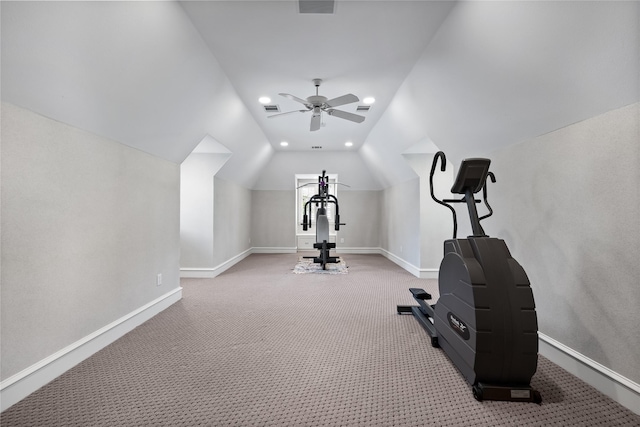 8722 Arbor Park Ct, Dallas, TX 75243 - exercise room featuring baseboards, carpet floors, vaulted ceiling, recessed lighting, and ceiling fan