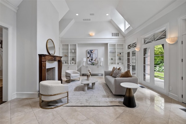 8722 Arbor Park Ct, Dallas, TX 75243 - tiled living room with built in features, a fireplace, a skylight, baseboards, and high vaulted ceiling