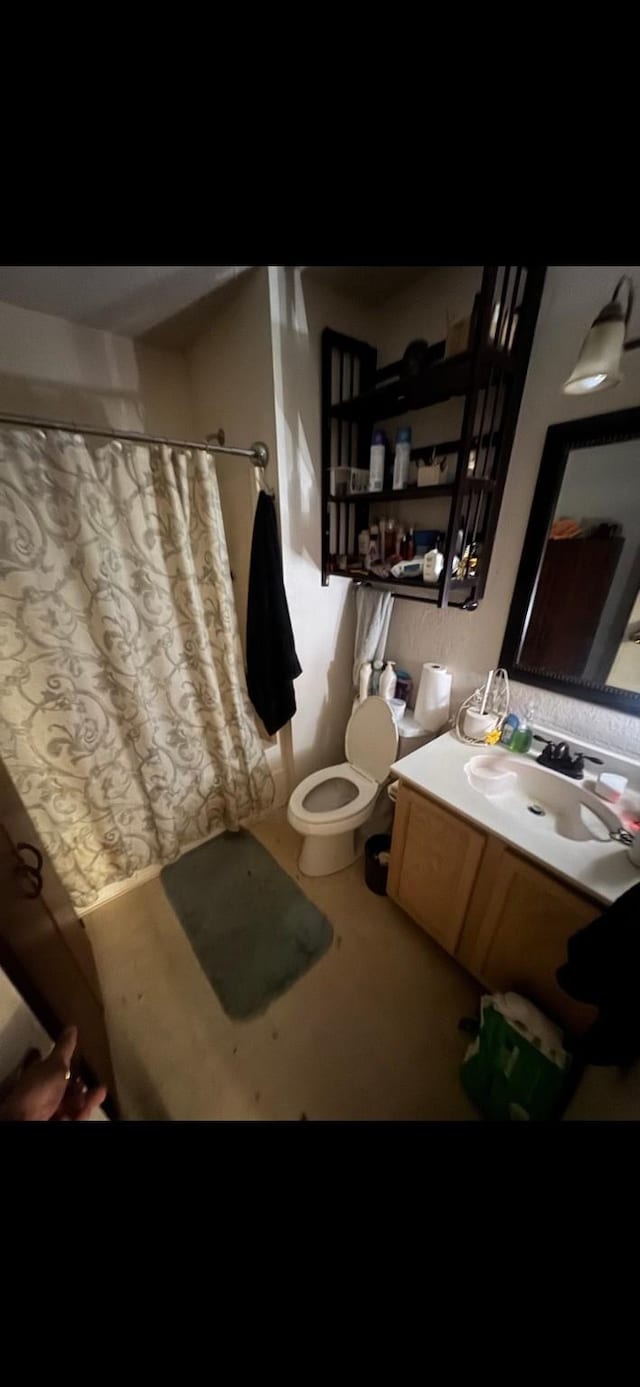 5417 Lansdowne Ave, Fort Worth, TX 76135 - bathroom with toilet, vanity, and a shower with shower curtain