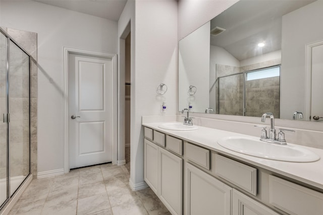 788 Cascade Ln, Princeton, TX 75407 - bathroom with a stall shower, double vanity, and vaulted ceiling