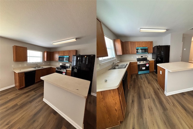 2005 Fairview Dr, Forney, TX 75126 - kitchen with black appliances, a sink, dark wood-style floors, light countertops, and a textured ceiling