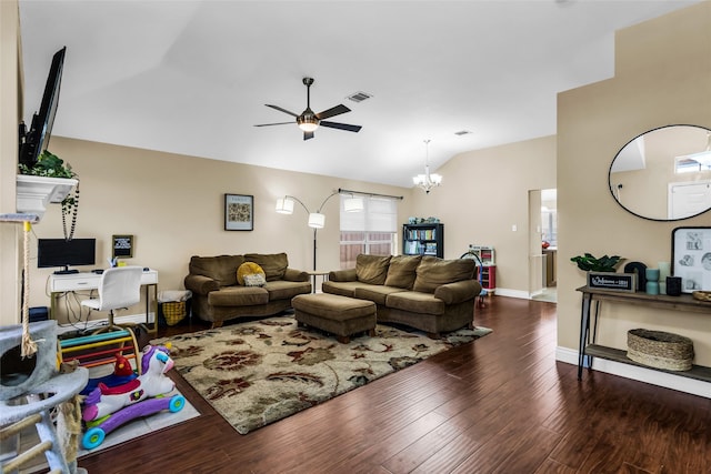 6923 Todd Ln, Sachse, TX 75048 - living area featuring vaulted ceiling, ceiling fan, wood finished floors, a chandelier, and baseboards